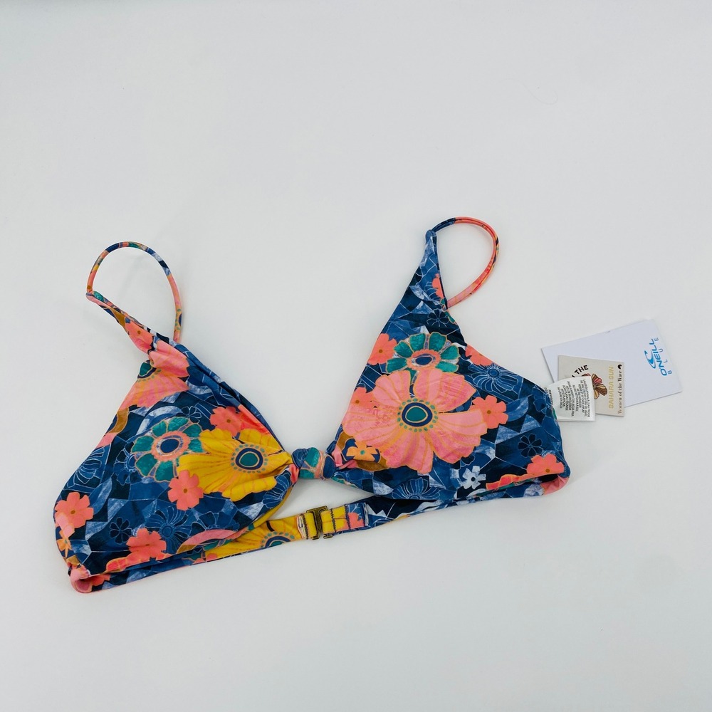 O'Neill Sahara Sun Bikini Top Womens Medium Blue Floral Knot Front Triangle Swim - Picture 2 of 4